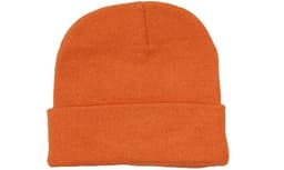 Acrylic beanie in bright orange with a rolled cuff. Features a logo on the side.