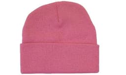 Acrylic beanie in a vibrant pink colour featuring a fold-up brim and a logo.