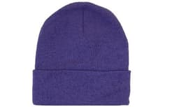 Acrylic beanie in a deep purple colour, featuring a rolled cuff. It has a simple design and a small logo.