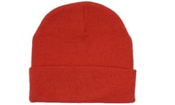 An orange acrylic beanie toque with a folded cuff. Simple design with a logo on the side.