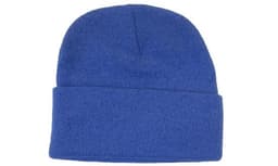Acrylic beanie in vibrant blue, featuring a simple, classic design and a fold-over cuff.
