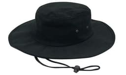 A black brushed heavy cotton hat with a wide brim and adjustable drawstring. It features metal eyelets.