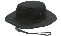 A black brushed heavy sports twill hat with a wide brim and an adjustable chin strap. Features a logo.