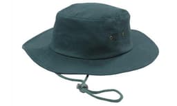 A dark green brushed heavy sports twill hat with a wide brim and an adjustable chin strap.