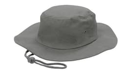 A grey brushed heavy sports twill hat with ventilation holes and an adjustable chin strap.