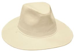 A cream-coloured cotton twill hat with a wide brim, featuring a simple design and a logo.