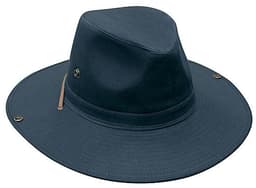 A navy blue cotton twill bucket hat with a wide brim and a decorative strap, featuring a logo.
