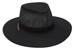 A black cotton twill and mesh hat featuring a wide brim and a stylish design. It includes a logo.