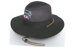 A black cotton twill and mesh hat with a logo on the front and a adjustable chin strap.