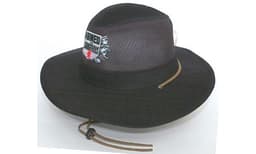 A black cotton twill and mesh hat with a decorative logo and adjustable chin strap.