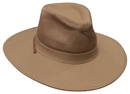 A tan Safari Cotton Twill & Mesh Hat featuring a wide brim and mesh detailing, suitable for headwear.