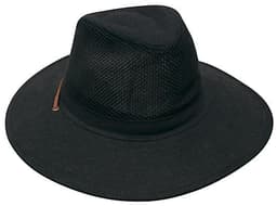 A collapsible black cotton twill hat with soft mesh panels and a leather accent. It features a logo.