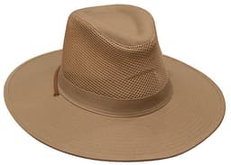 A collapsible hat in tan, featuring a cotton twill crown and soft mesh sides, with a logo on the band.