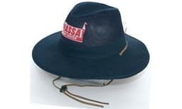 A navy collapsible cotton twill hat with soft mesh and a chin strap, featuring a logo on the front.