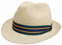A straw fedora-style hat in beige with a multi-coloured striped band. It features a logo on the side.
