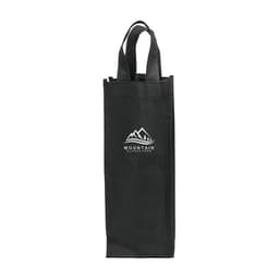 A black non-woven single wine bag with two handles and a logo on the front.