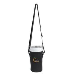 A drink bottle holder in black neoprene with a strap, designed to fit a 27 oz. bottle, featuring a logo.