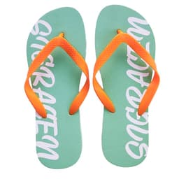 A pair of PVC beach flip flops in mint green with orange straps and white text. Features a logo.
