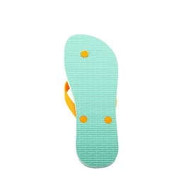 A pair of PVC beach flip flops in mint green with orange straps and a textured sole. Features a logo.