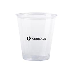 A clear plastic disposable cup featuring a logo. Ideal for drinks, showcasing its transparent design.