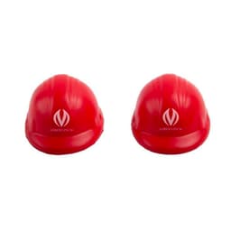 Red construction hat stress relievers with a logo, designed for fun and stress relief activities.