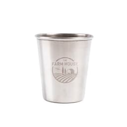 A stainless steel shot cup with a logo, featuring a shiny metallic finish.