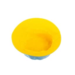 A solid reversible travel bucket hat featuring a bright yellow exterior and a light blue interior. It has a logo.