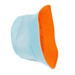 A solid reversible travel bucket hat in light blue with an orange interior. Features a logo on the side.