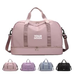 A large capacity travel duffel bag in pink with adjustable shoulder strap. Features four additional colour options below.