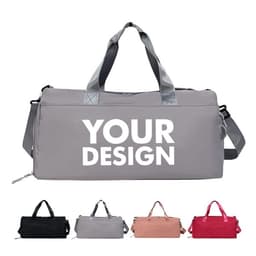 A large capacity duffel bag in grey with a logo, accompanied by black, pink, and red variations.