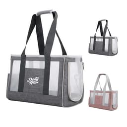 A grey and red mesh pet travel carrier bag with transparent panels and sturdy straps. Includes branding on the front.