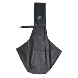 A black pet sling carrier bag with a pocket and an adjustable strap, featuring a branding logo.