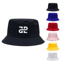 A custom cotton bucket hat in black, featuring a logo, with options in red, blue, pink, yellow, and white.