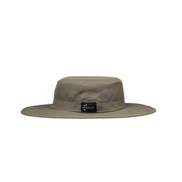 A khaki outdoor wide brim boonie hat with a string. Features ventilation eyelets and a logo patch.