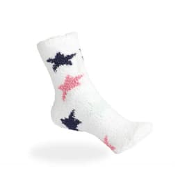 Warm fuzzy socks in white with pink and navy star patterns. The fabric appears soft and fluffy.