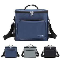 An insulated cooler bag in navy blue with an adjustable shoulder strap and front pocket, featuring branding.