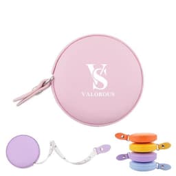 A pink mini PU leather round measuring tape, featuring a retractable tape with a variety of colourful options.