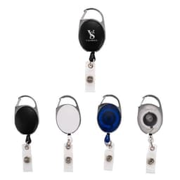 A collection of retractable carabiner style badge reels in black, white, blue, and clear, featuring a logo on some.
