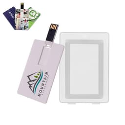 A white USB flash drive in the shape of a credit card, with a logo and black connector. Includes two additional cards.