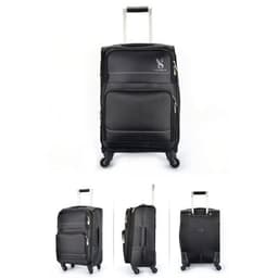 A black Oxford cloth travel trolley suitcase with multiple compartments and a retractable handle. It features a logo.