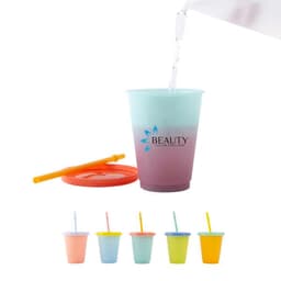 A drink cup set featuring a colour changing 16 oz. cup, a straw, and a lid in multiple pastel colours, with a logo.