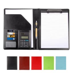 A4 faux leather padfolio with clipboards in black, featuring a calculator, pen, and assorted stationery. Available in multiple colours.