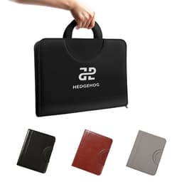 A black PU leather zippered conference folder with a handle, featuring three additional folder colour options: black, brown, and grey.
