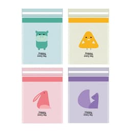 Four colourful bags featuring cute animal illustrations in pastel hues, each with a playful design and a logo.
