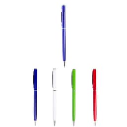 A collection of five metal ballpoint pens in blue, green, red, white, and black, featuring a logo.