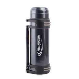 A drink bottle in black stainless steel featuring a carrying handle and a logo. Designed for travel and insulation.