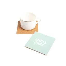 A cork coaster in a square shape, featuring a mint green surface and a white cup on top. It has a logo.