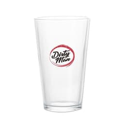 A clear 16 oz. pint glass featuring a circular logo in red and black. Ideal for beer or other beverages.