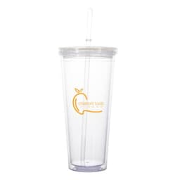 A clear 20 oz. plastic tumbler with a straw and a logo in orange. Ideal for beverages.
