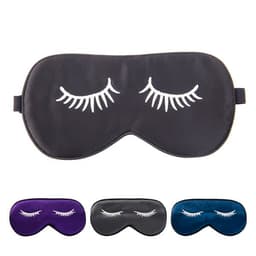 A black silk eye mask with eyelash embroidery, accompanied by purple, grey, and teal versions. Features a logo.
